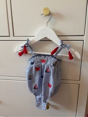 Mud Pie Blue Stripe Smocked Nautical Romper 0-3 Months